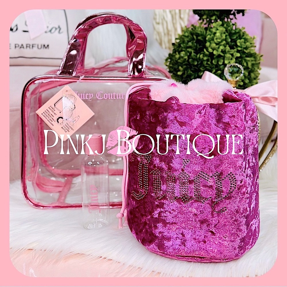 💗💋2pc {Juicy Couture} Pink Velvet Faux Fur Standup Drawstring Bling Bag Set!
